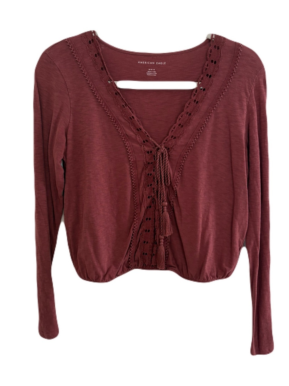 American Eagle Outfitters Long Sleeve Lace-Trim Crop Top in Wine - Picture 1 of 7